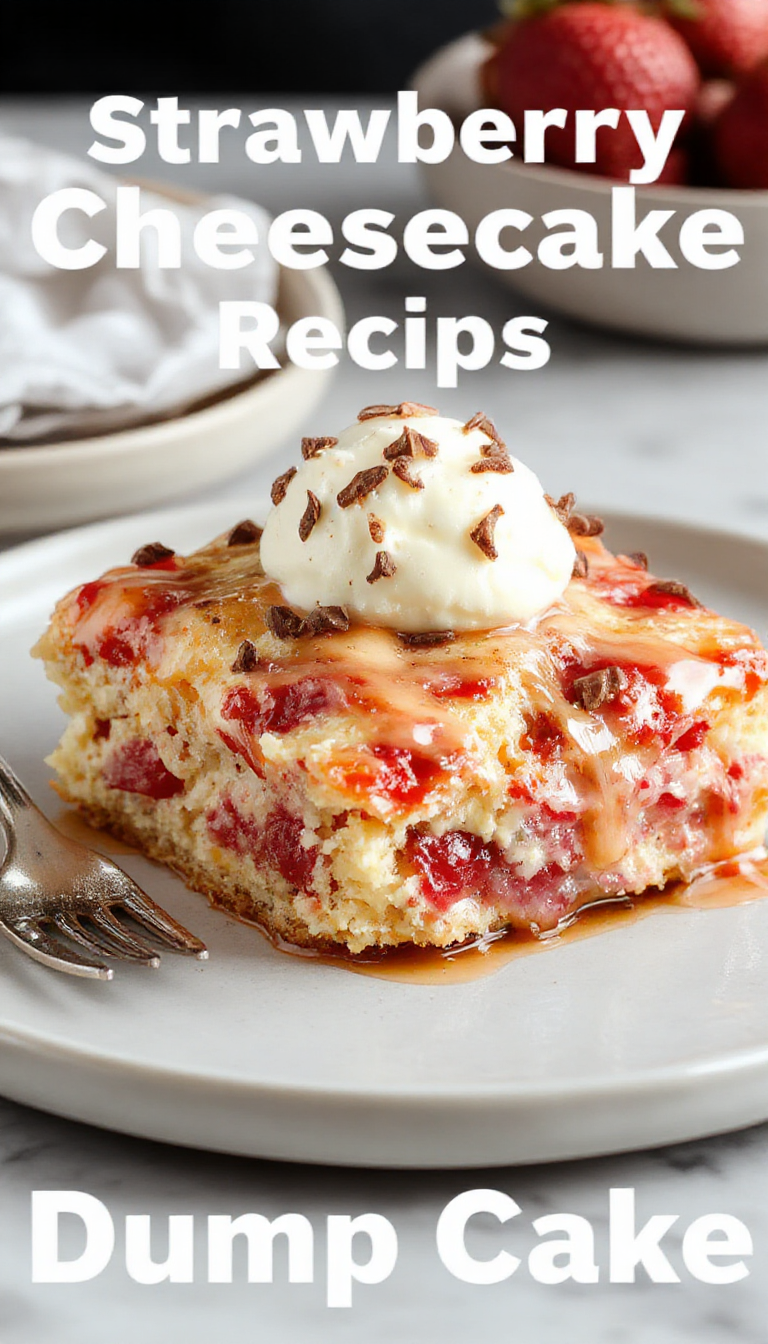 A tempting strawberry cheesecake dump cake with layers of fresh strawberries, creamy cheesecake filling, and golden cake topping garnished with mint.