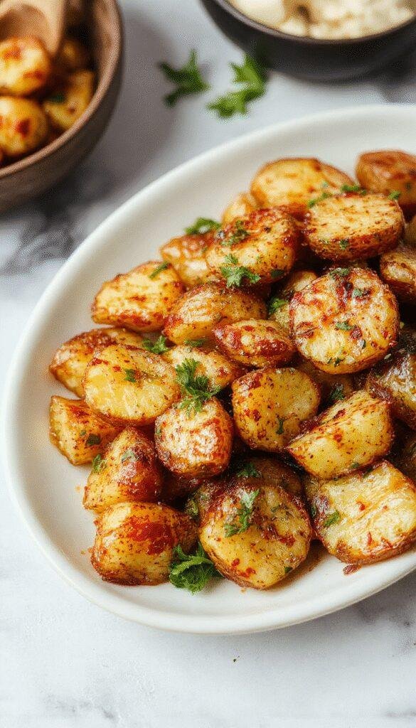 A vibrant plate of crispy Zesty Mexican Potatoes garnished with fresh herbs and lime wedges, served as a flavorful weeknight side dish.