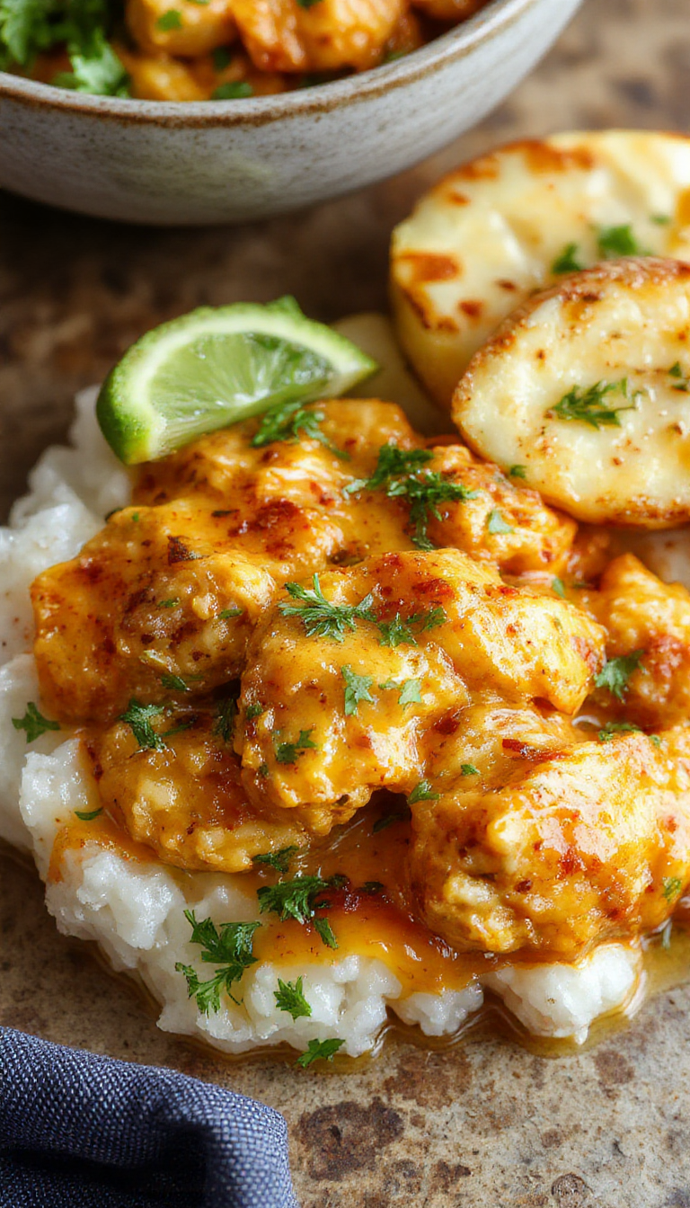 A plate of creamy homemade butter chicken garnished with fresh cilantro, served with fluffy basmati rice and naan bread.