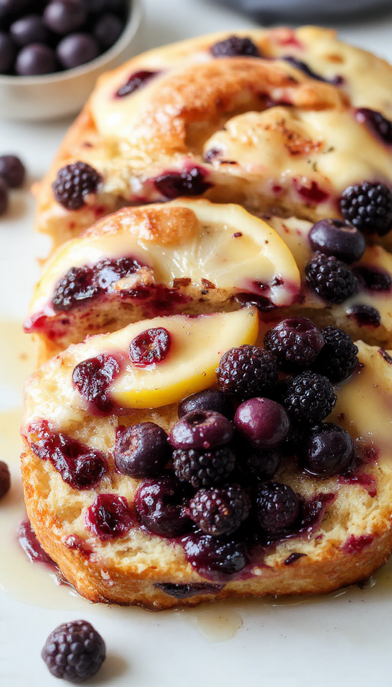 A sliced Lemon Blueberry Yogurt Loaf on a wooden cutting board, garnished with fresh blueberries and lemon zest, showcasing its moist texture.