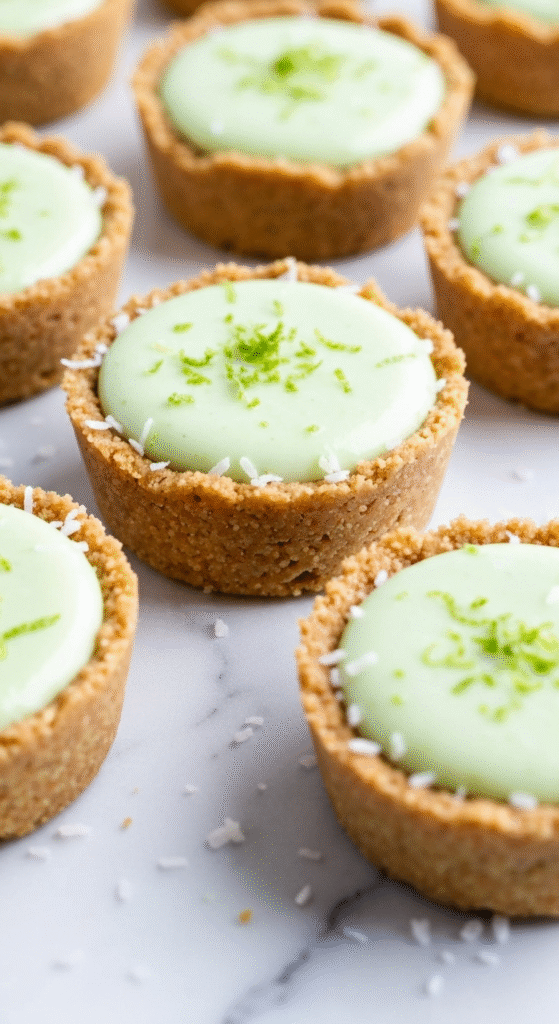 Mini Key Lime Pies with graham cracker crust and whipped topping, garnished with lime slices on a summer picnic table.