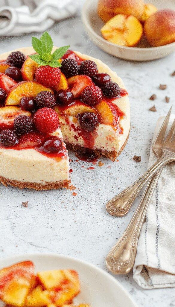 A vibrant no-bake summer berry and peach cheesecake topped with fresh strawberries, peaches, blueberries, and mint leaves, served on a white plate.
