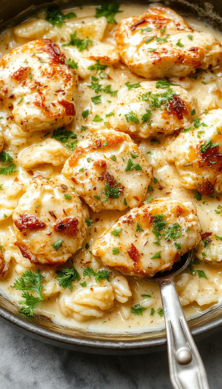 A delicious plate of creamy chicken and rice served on a rustic wooden table, garnished with herbs and a side of fresh vegetables.
