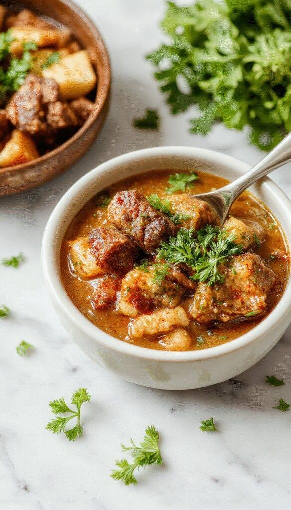 A steaming bowl of slow cooker beef coconut curry garnished with fresh herbs and served alongside rice, showcasing rich, tender meat in a creamy coconut sauce.