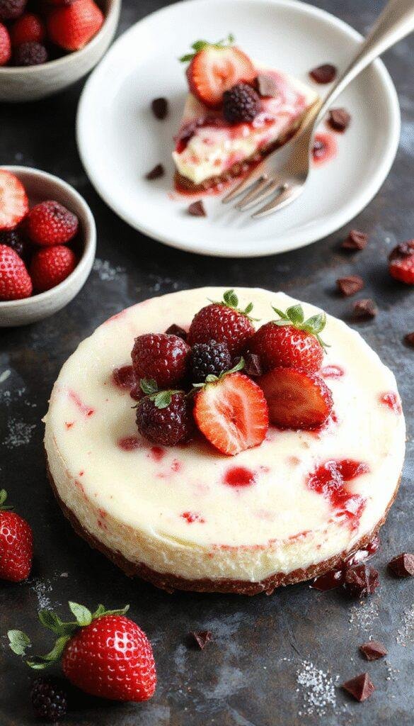 A slice of creamy strawberry cheesecake topped with fresh strawberries and a vibrant berry glaze on a white plate.