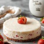 A delicious slice of no-bake strawberry cheesecake topped with fresh strawberries and a sprig of mint on a white plate.