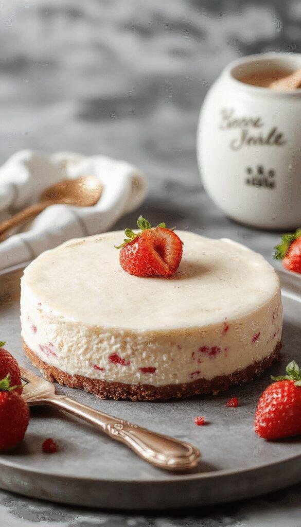 A delicious slice of no-bake strawberry cheesecake topped with fresh strawberries and a sprig of mint on a white plate.