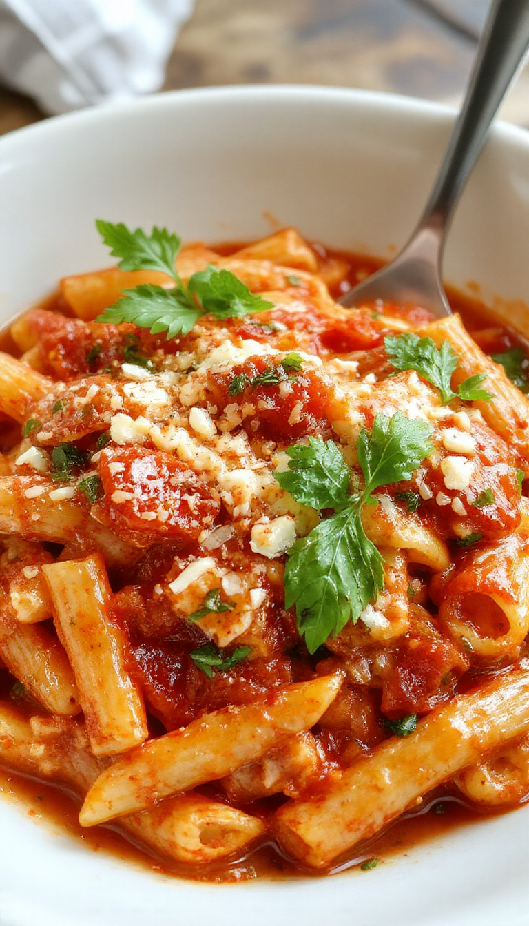A colorful plate of Fiery Arrabiata Penne featuring spicy tomato sauce generously coating al dente pasta, garnished with fresh basil and grated cheese.