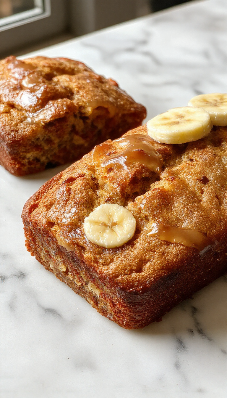 A close-up of a freshly baked fluffy honey banana bread loaf, golden-brown crust with soft, airy interior slices showing banana chunks.