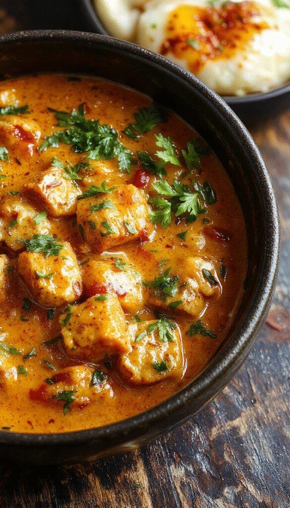 A vibrant plate of Gordon Ramsay's Creamy Tikka Masala featuring tender chicken in a rich, spiced tomato sauce garnished with fresh cilantro.