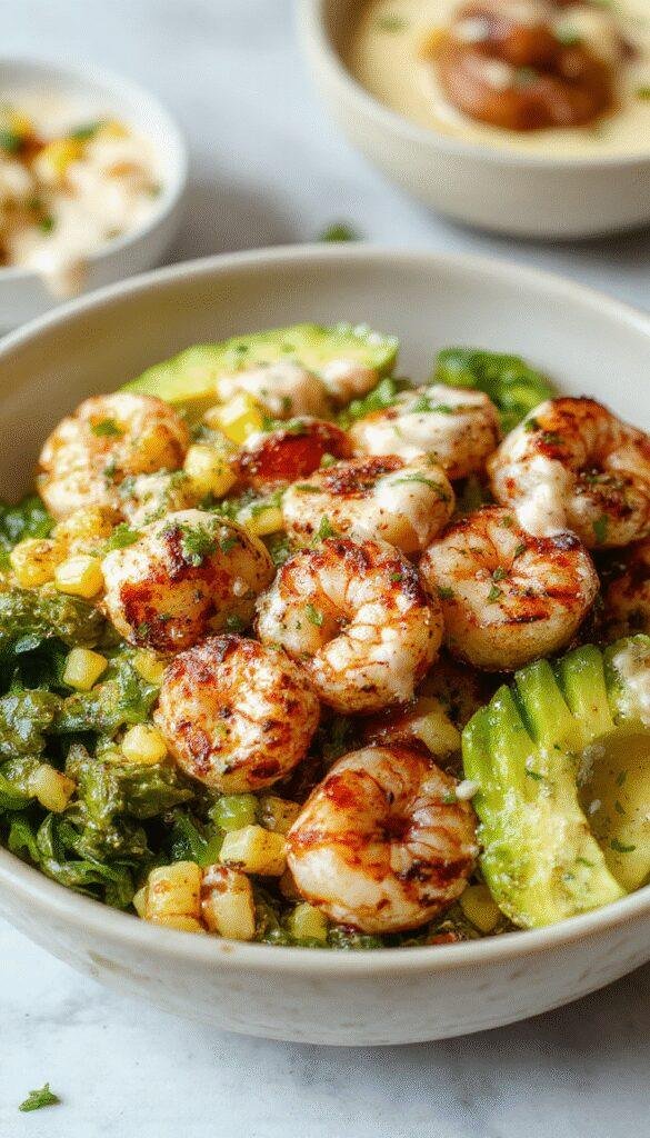 A vibrant bowl featuring grilled shrimp, sliced avocado, and a colorful creamy corn salsa on a rustic wooden table