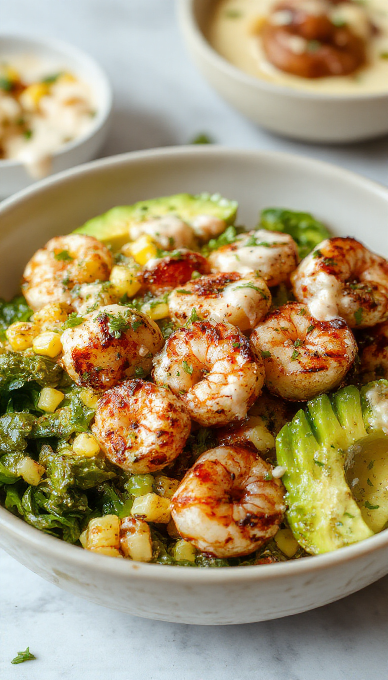 A vibrant bowl featuring grilled shrimp, sliced avocado, and a colorful creamy corn salsa on a rustic wooden table