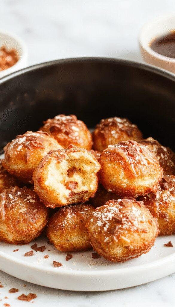 Golden brown Healthy Air Fryer Churro Bites coated with cinnamon sugar on a white plate