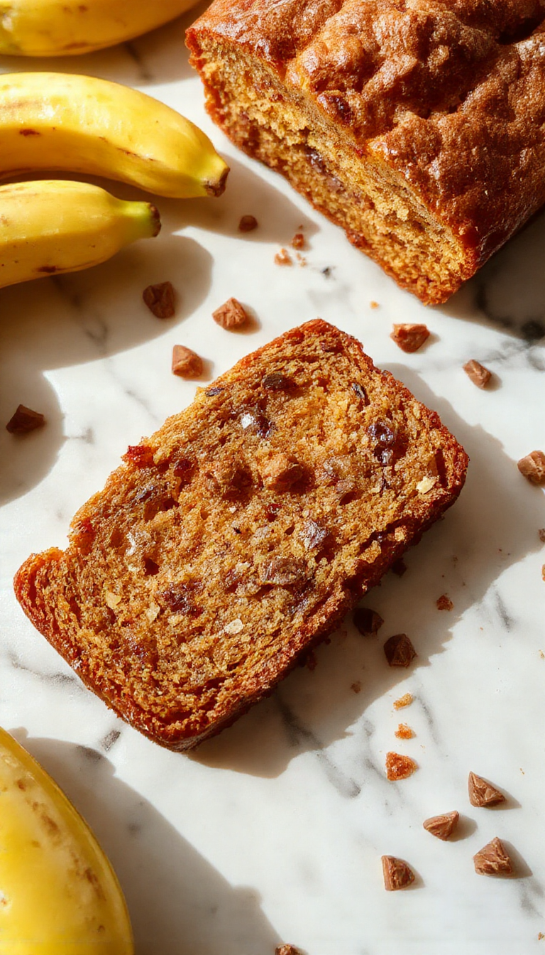 A slice of healthy protein banana bread garnished with sliced bananas and nuts on a rustic wooden plate.