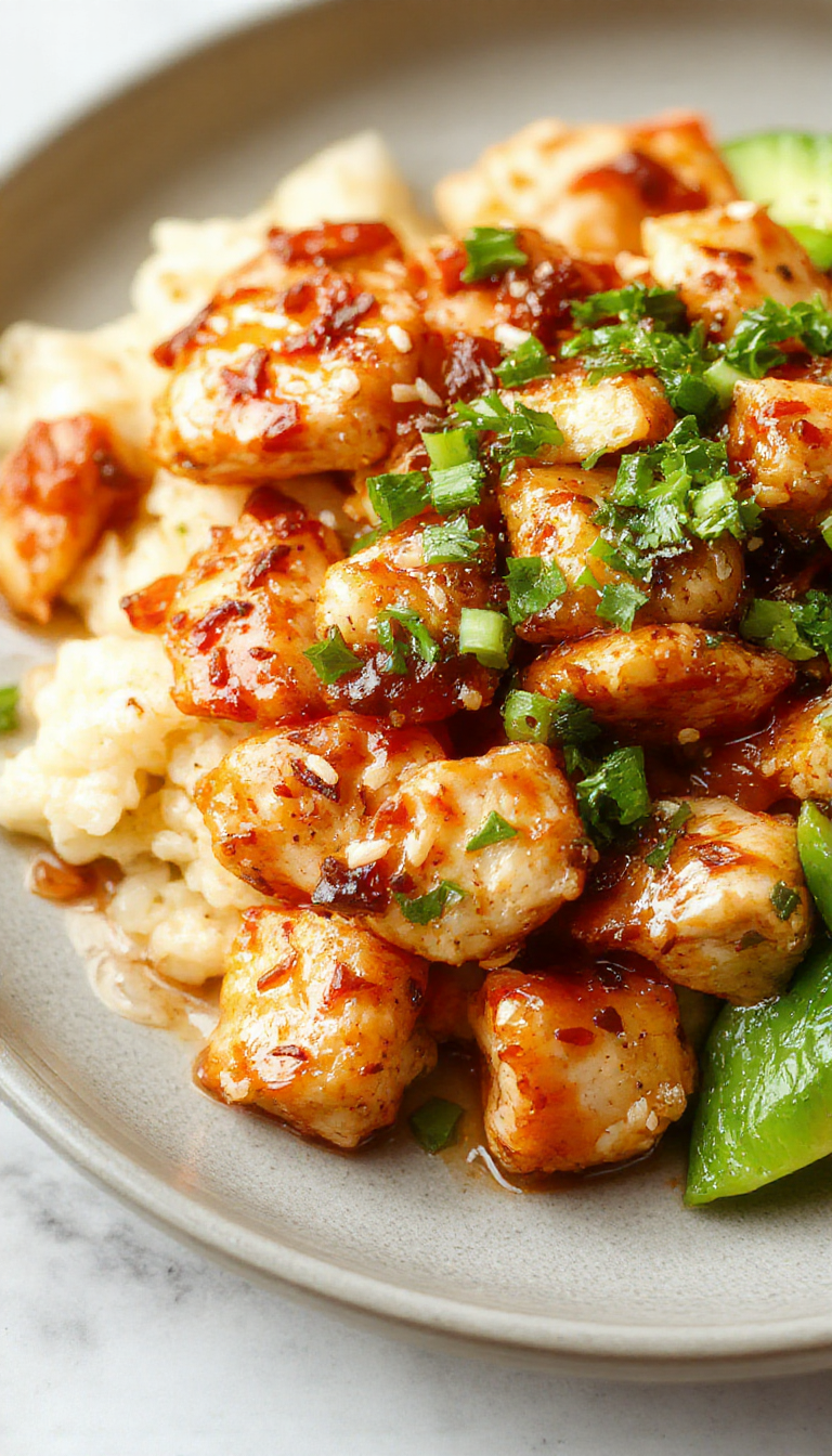 A plate of Healthy Sesame Chicken garnished with sesame seeds and chopped green onions, served alongside steamed vegetables and rice.