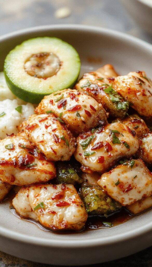 A vibrant plate of Healthy Sesame Chicken garnished with sesame seeds and green onions, served alongside steamed vegetables on a clean white plate.