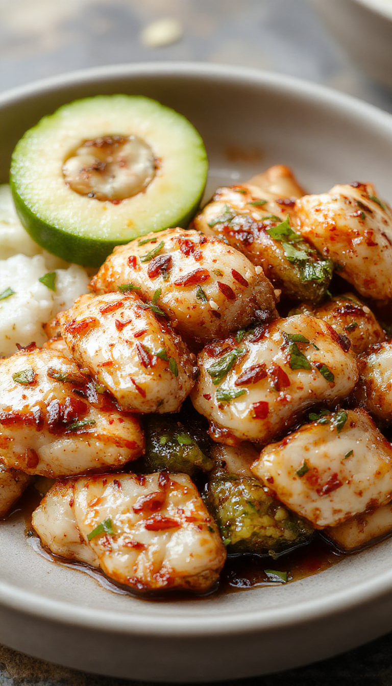 A vibrant plate of Healthy Sesame Chicken garnished with sesame seeds and green onions, served alongside steamed vegetables on a clean white plate.