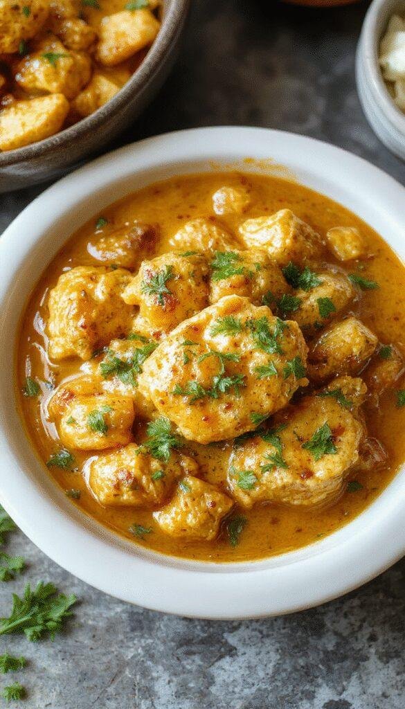 Golden bowls of creamy homemade butter chicken garnished with fresh coriander and served with naan bread on a vibrant Indian-style table.