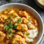 A vibrant plate of homemade butter chicken garnished with fresh coriander, served with fluffy naan and steamed rice, showcasing its rich, creamy sauce.