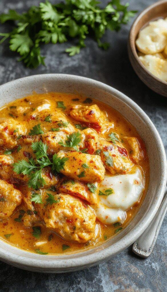 A vibrant plate of homemade butter chicken garnished with fresh coriander, served with fluffy naan and steamed rice, showcasing its rich, creamy sauce.