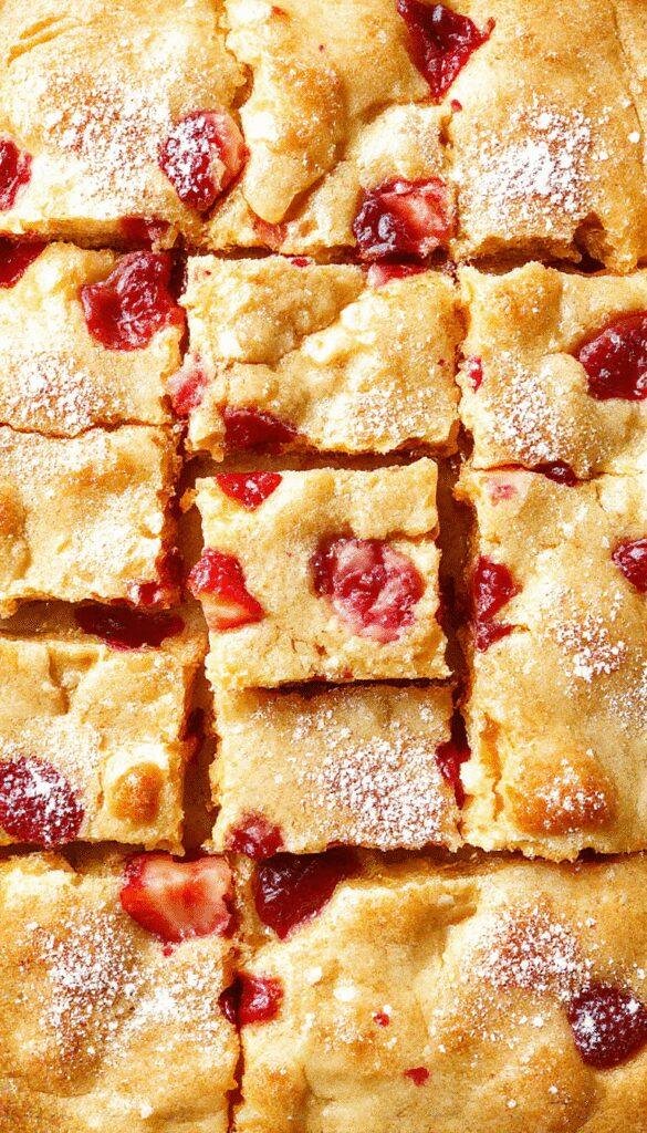 A tray of vibrant strawberry lemon blondies garnished with fresh strawberries and lemon zest, showcasing a golden crust and chewy texture.