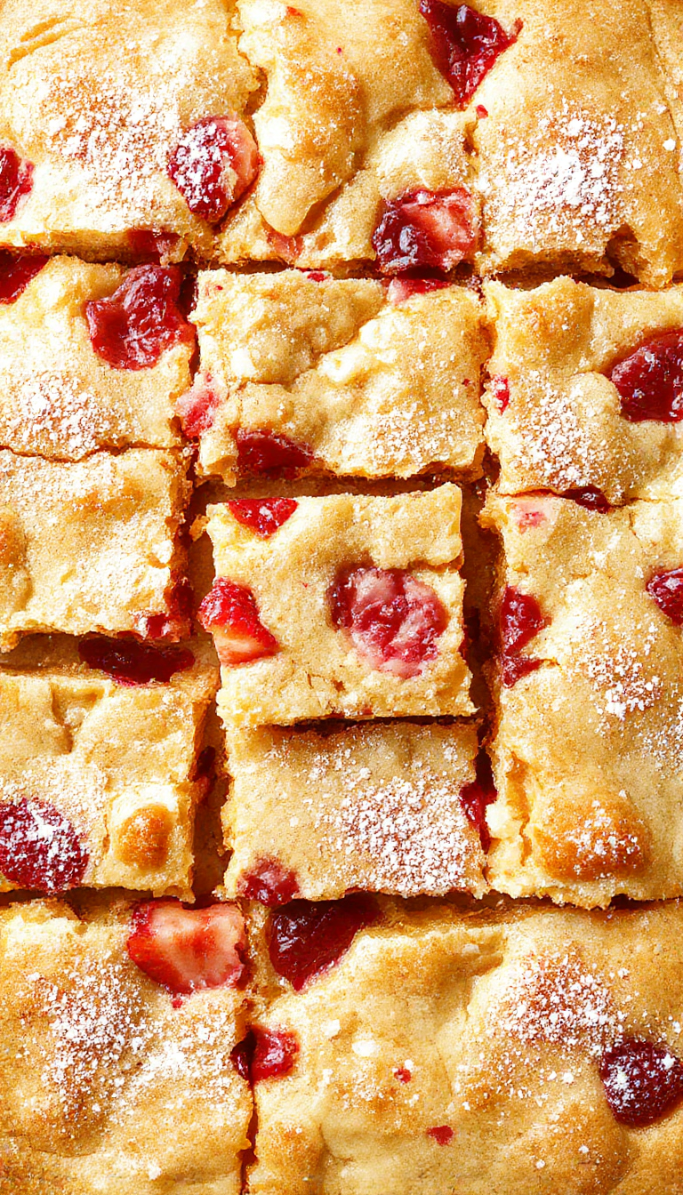 A tray of vibrant strawberry lemon blondies garnished with fresh strawberries and lemon zest, showcasing a golden crust and chewy texture.