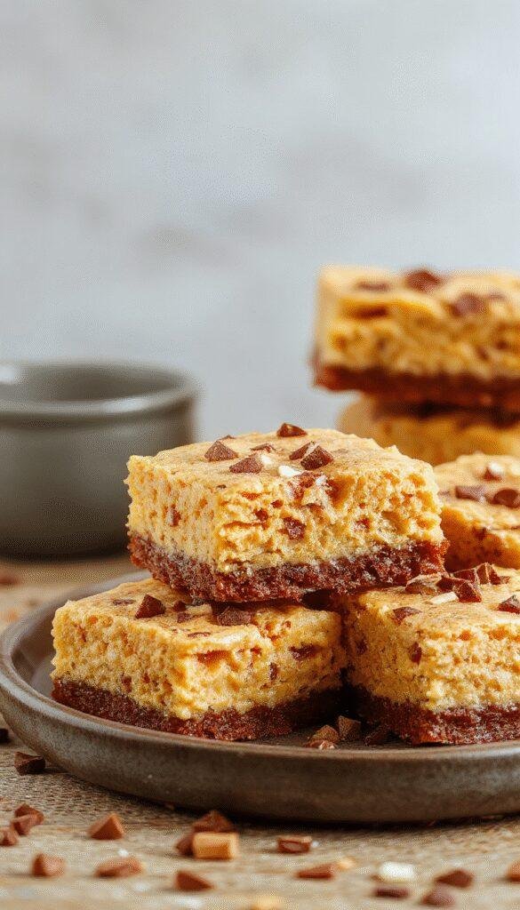 A close-up of vegan pumpkin cheesecake bars with Biscoff crust, topped with whipped coconut cream and a sprinkle of cinnamon on a rustic plate.