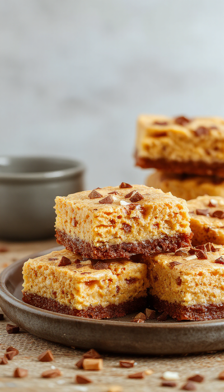 A close-up of vegan pumpkin cheesecake bars with Biscoff crust, topped with whipped coconut cream and a sprinkle of cinnamon on a rustic plate.