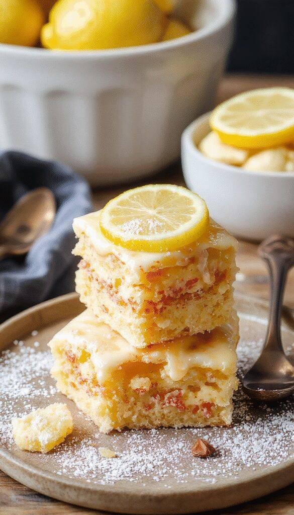 A vibrant assortment of lemon desserts including lemon tarts, lemon bars, and lemon cheesecake garnished with fresh lemon slices and mint leaves.