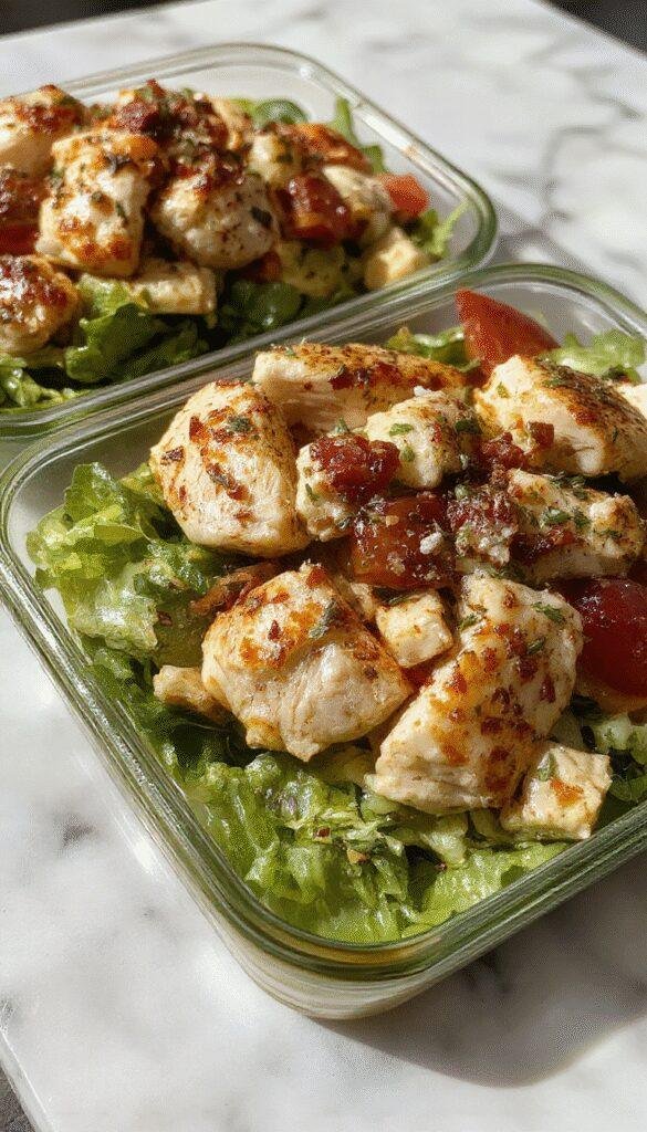 Colorful meal prep Mediterranean chicken salad featuring grilled chicken, cherry tomatoes, cucumbers, olives, and feta cheese arranged in containers.