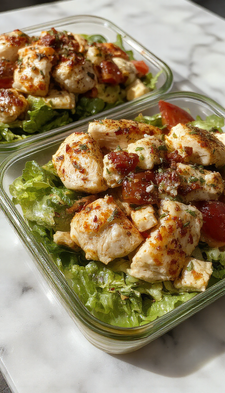 Colorful meal prep Mediterranean chicken salad featuring grilled chicken, cherry tomatoes, cucumbers, olives, and feta cheese arranged in containers.