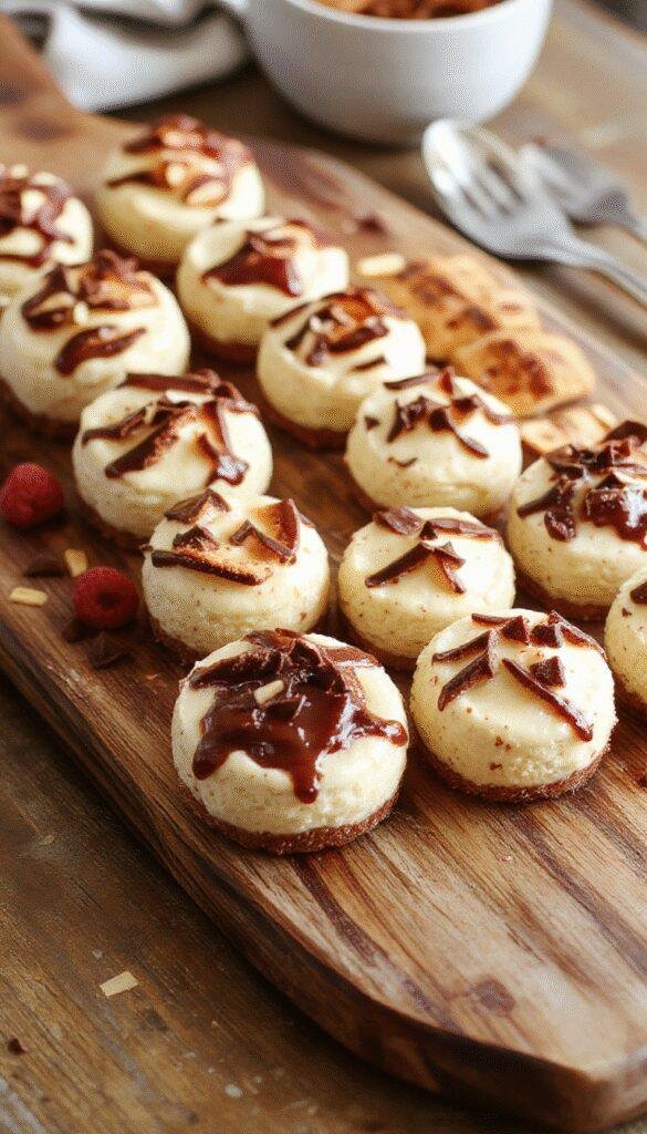 A colorful mini cheesebcake platter with an assortment of adorable small cheesecakes, garnished with berries and mint leaves on a decorative board.