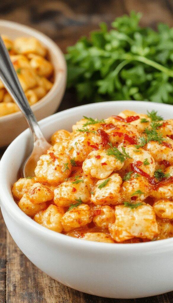 A bowl of Naomi's Sweet & Spicy Honey Pepper Chicken Mac & Cheese topped with chopped green herbs, showcasing creamy cheese, tender chicken pieces, and vibrant peppers.