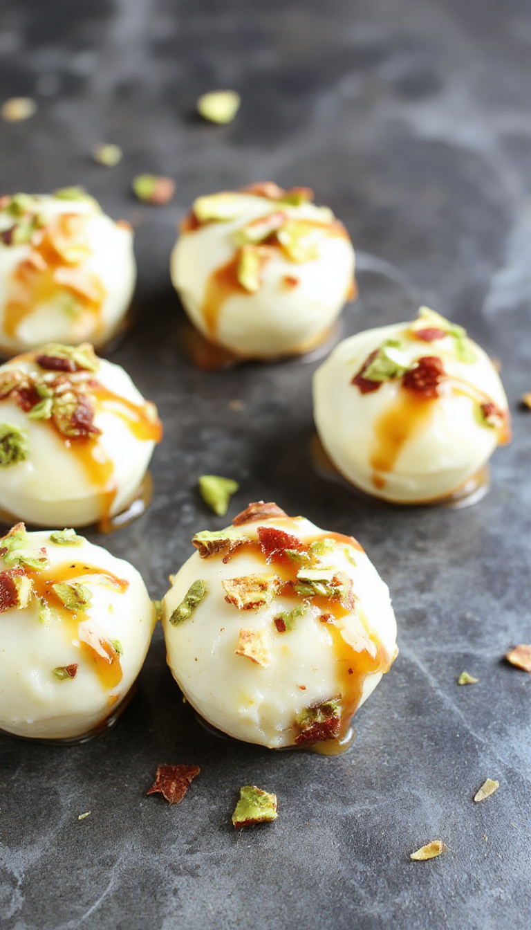 Close-up of No-Bake Ricotta Pistachio Honey Bites on a rustic plate, showcasing creamy texture topped with chopped pistachios and honey drizzle.