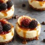 Mini cheesecakes topped with salted caramel, fresh blackberries, and figs displayed on a elegant dessert plate.
