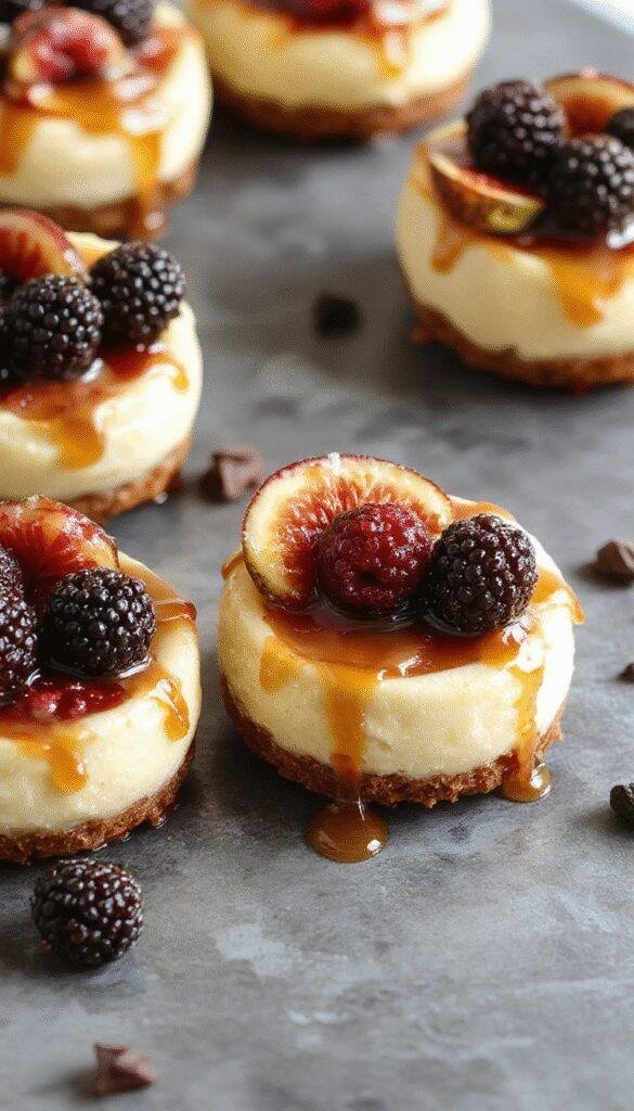 Mini cheesecakes topped with salted caramel, fresh blackberries, and figs displayed on a elegant dessert plate.