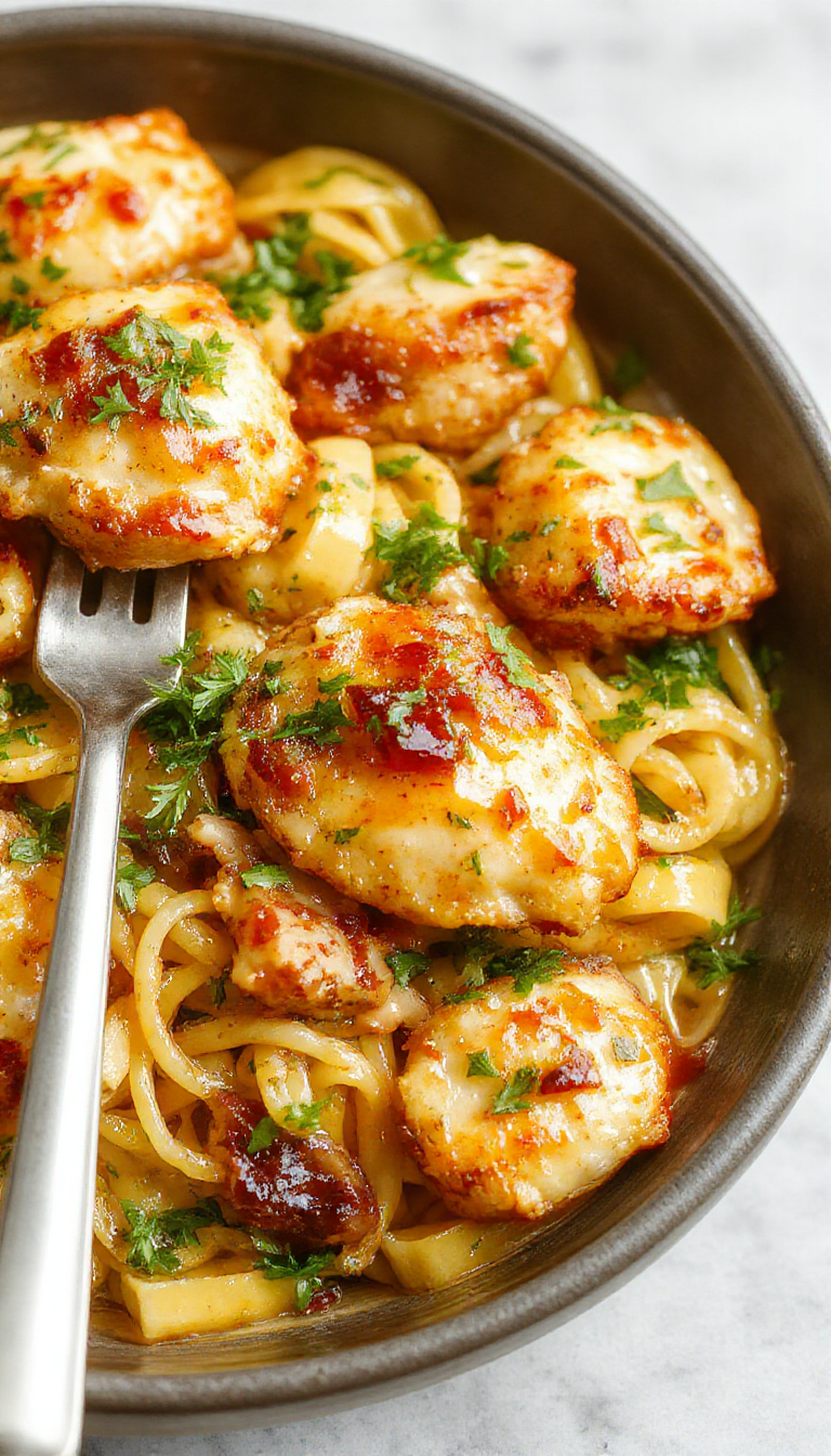 A vibrant plate of One-Pan Cowboy Butter Chicken Linguine garnished with fresh herbs, featuring tender chicken, al dente pasta, and a rich buttery sauce.