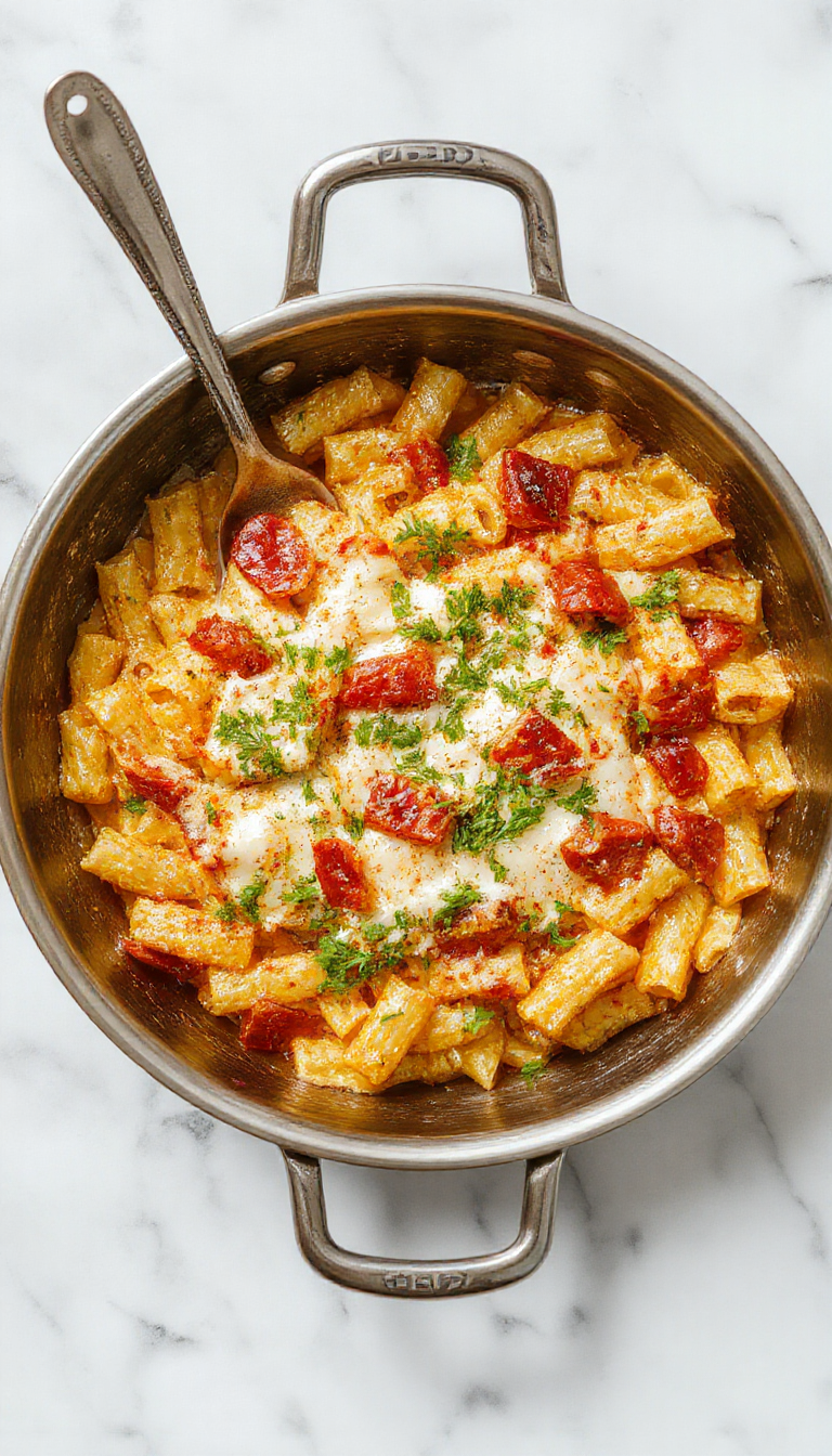A close-up of a savory One-Pan Parmesan Pasta Skillet featuring al dente pasta topped with melted cheese, fresh herbs, and a crispy crust in a skillet.