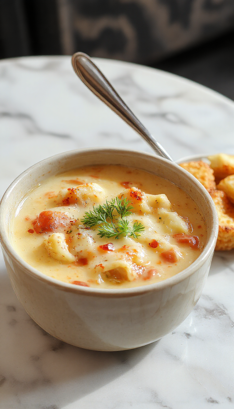 A bowl of steaming White Lasagna Soup garnished with fresh herbs and topped with melted cheese, served alongside crusty bread.