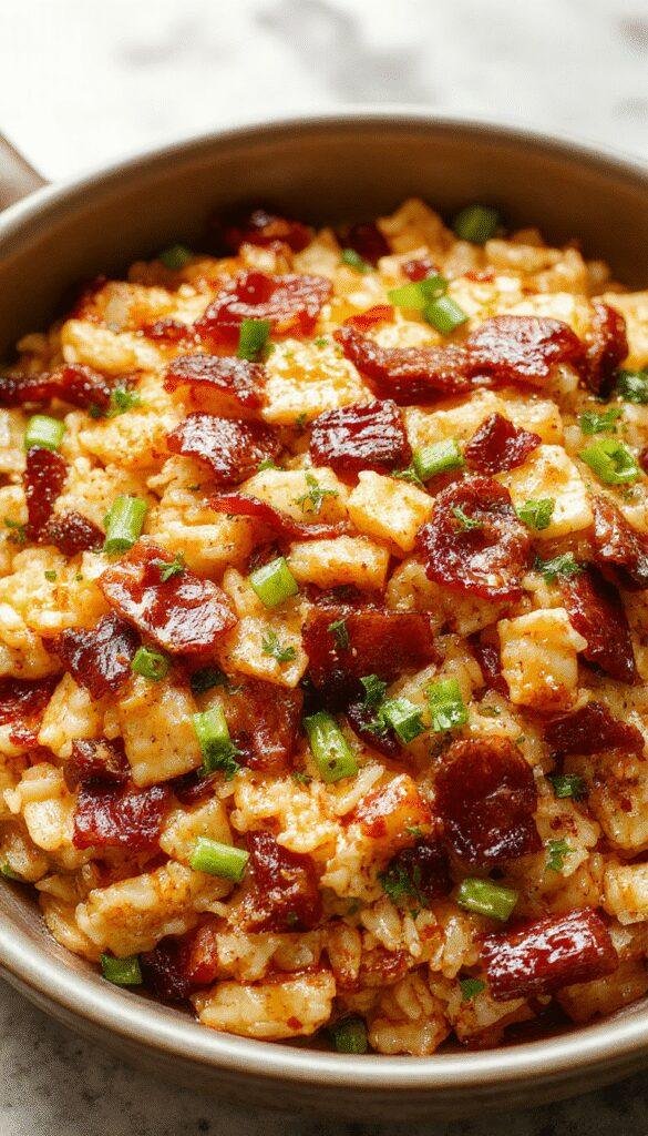 A vibrant plate of crispy bacon fried rice with green onions and scrambled eggs, presented in a rustic bowl, garnished with sesame seeds.