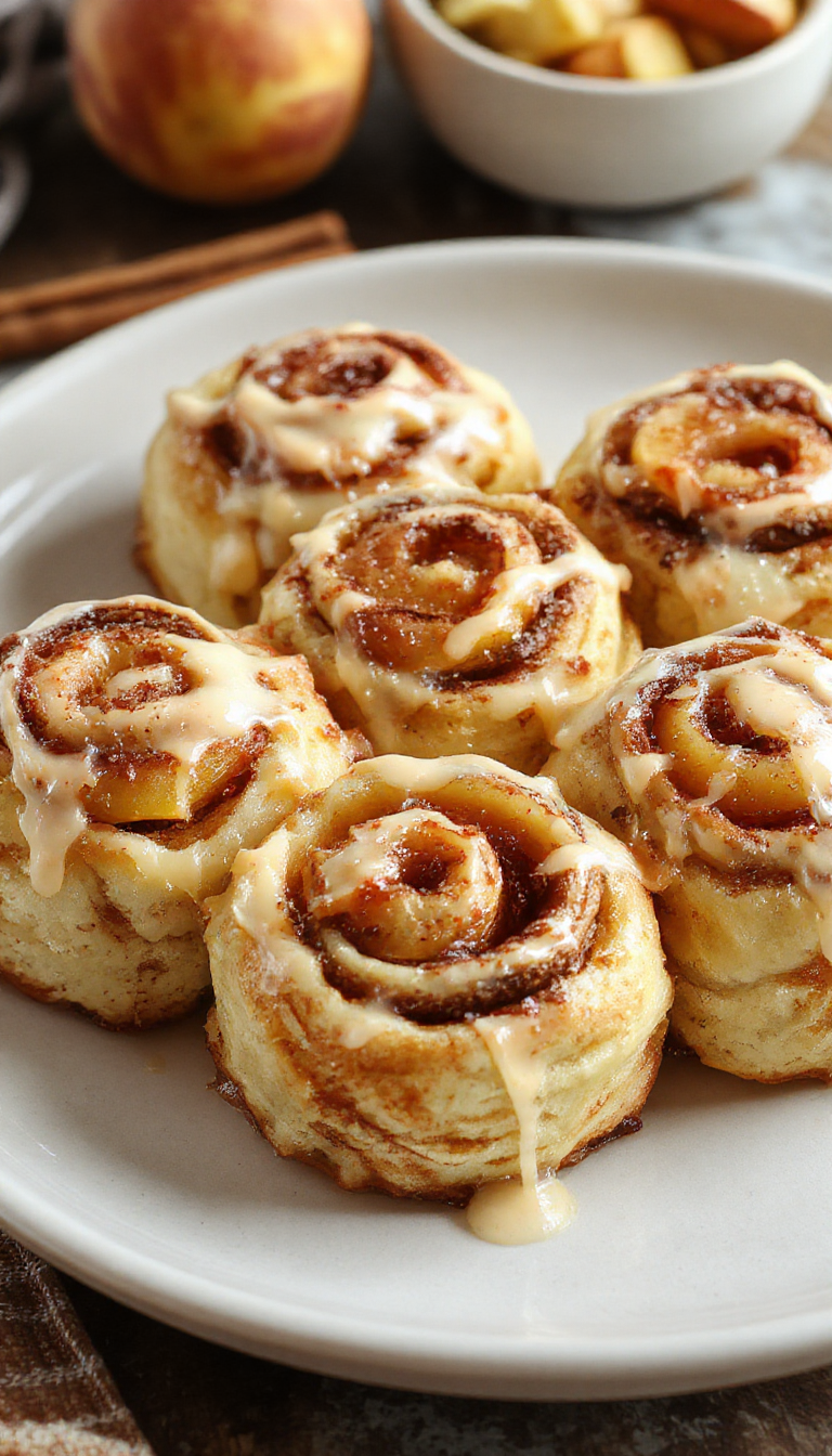 Delicious peach cobbler filling paired with soft cinnamon rolls topped with golden caramel glaze, garnished with fresh peach slices.