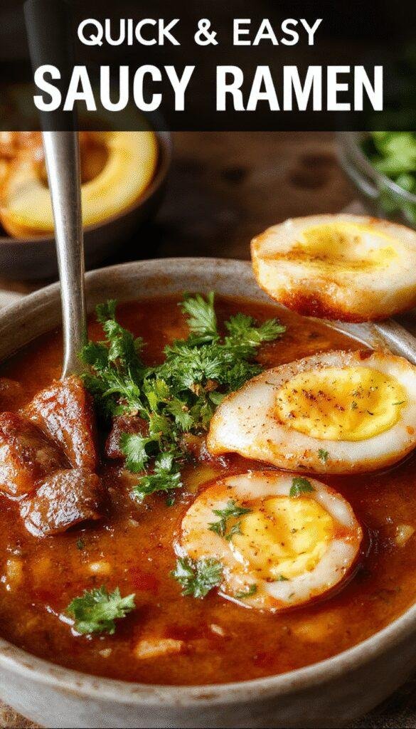A steaming bowl of vegan saucy ramen topped with fresh vegetables and herbs, showcasing its rich, flavorful broth and vibrant ingredients.