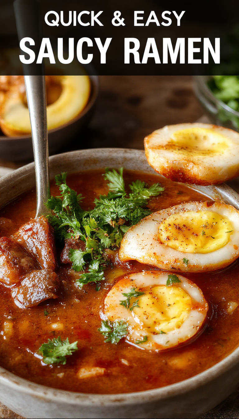 A steaming bowl of vegan saucy ramen topped with fresh vegetables and herbs, showcasing its rich, flavorful broth and vibrant ingredients.