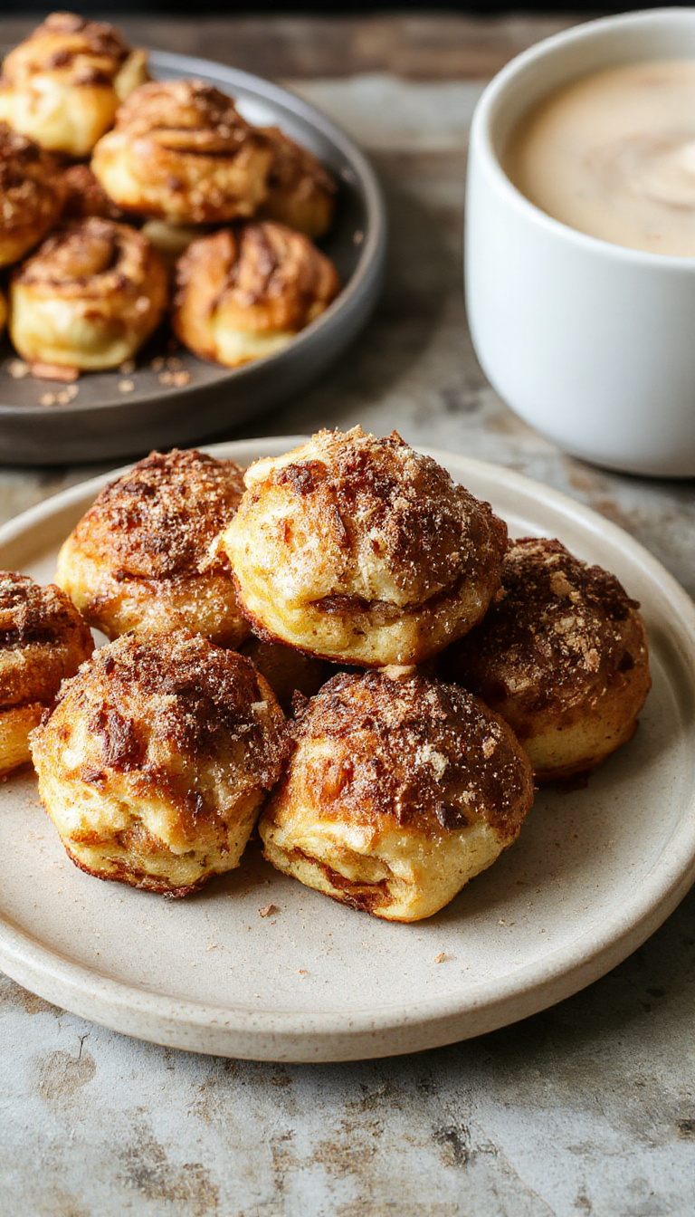Golden French toast slices topped with cinnamon roll bites and drizzled with syrup, served on a white plate.