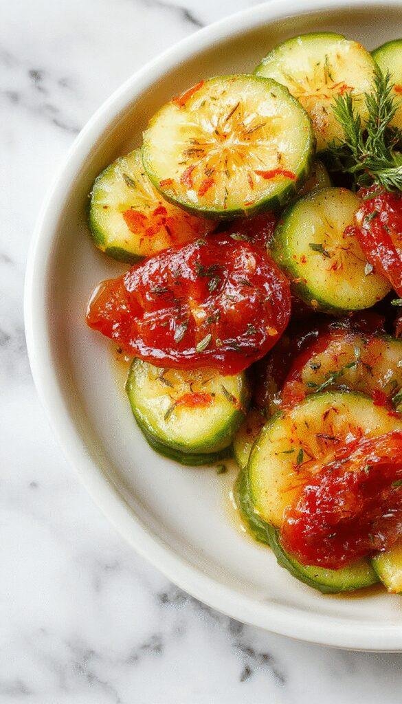 A vibrant bowl of quick pickled tomato and cucumber salad garnished with fresh herbs, showcasing bright colors and fresh ingredients.