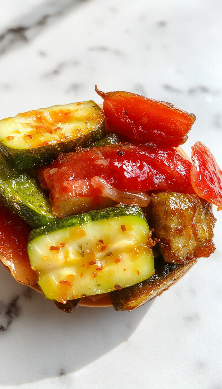A colorful jar of quick pickled vegetables including carrots, cucumbers, and radishes with vibrant hues and fresh slices