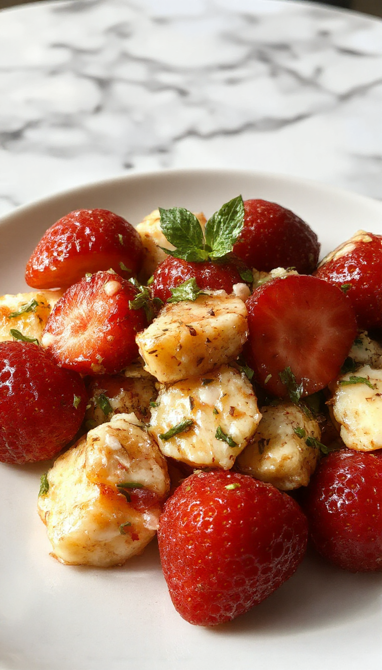 A vibrant strawberry salad in a glass bowl garnished with fresh mint leaves, featuring sliced strawberries, mixed greens, and a drizzle of balsamic glaze.