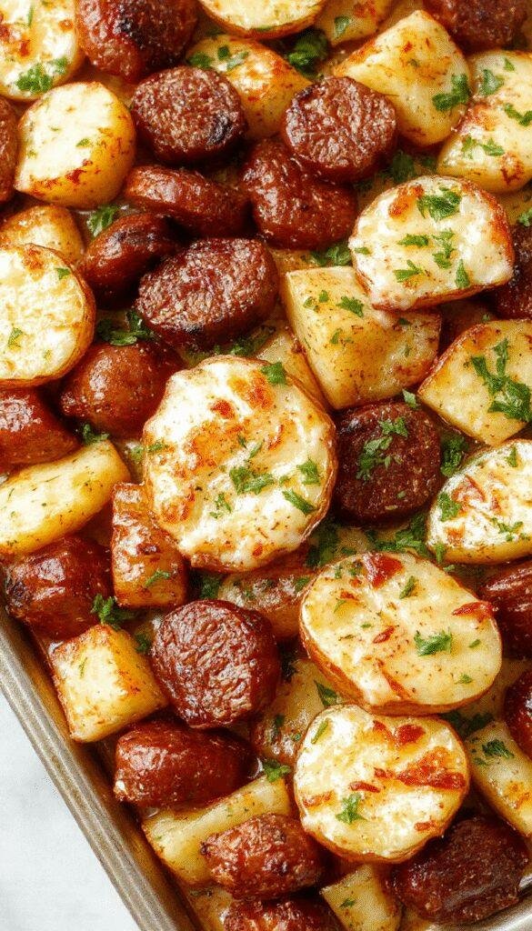 A colorful sheet pan with crispy cheesy ranch potatoes and sliced smoked sausage garnished with herbs, ready for a family dinner