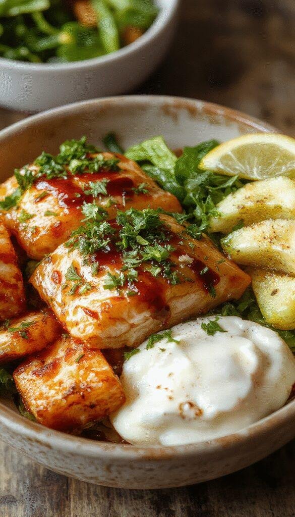 A vibrant bowl filled with flaked salmon glazed in spicy honey sriracha sauce, topped with colorful vegetables and garnished with sesame seeds.