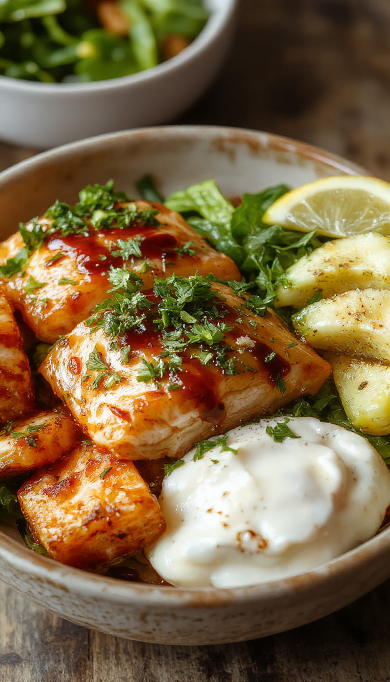 A vibrant bowl filled with flaked salmon glazed in spicy honey sriracha sauce, topped with colorful vegetables and garnished with sesame seeds.